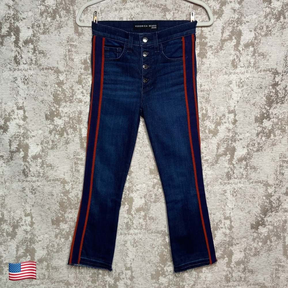 Veronica Beard Carolyn Baby Boot Jeans in Midnight Fray with Navy & Red